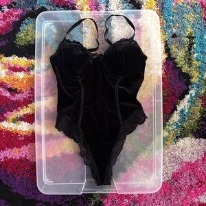 Black Velvet Lace-Trim Open Back Lingerie Bodysuit
